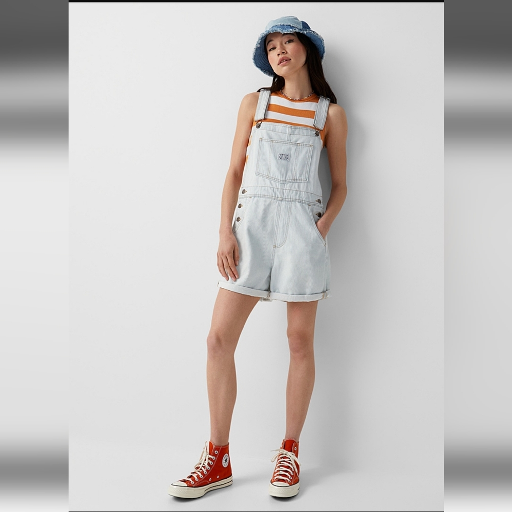 NWT Levi's * Denim Shortalls Overalls Bib Blue Striped - Picture 6 of 10